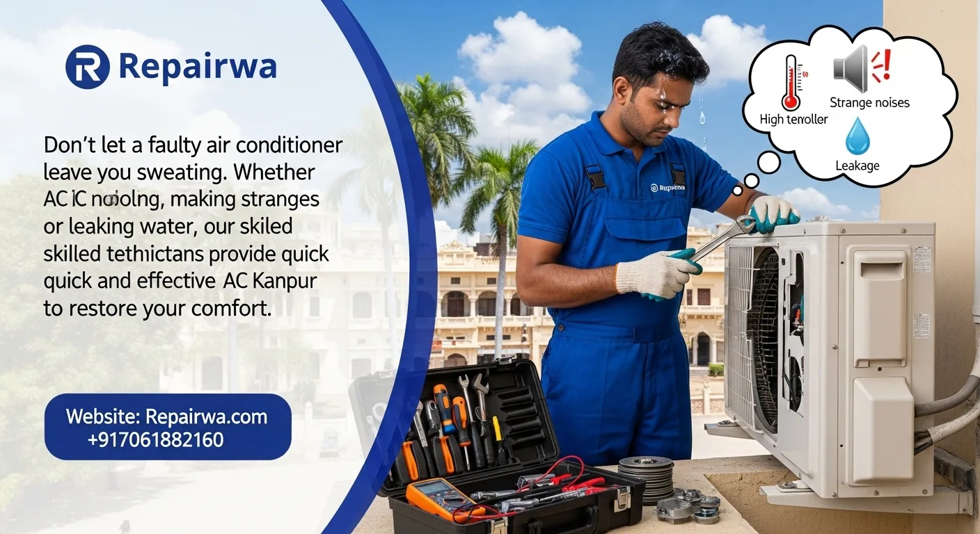 A skilled technician from Repairwa is performing an AC repair in Kanpur on an outdoor unit. A graphic highlights common AC problems like high temperature, strange noises, and leakage, which their quick and effective service resolves.