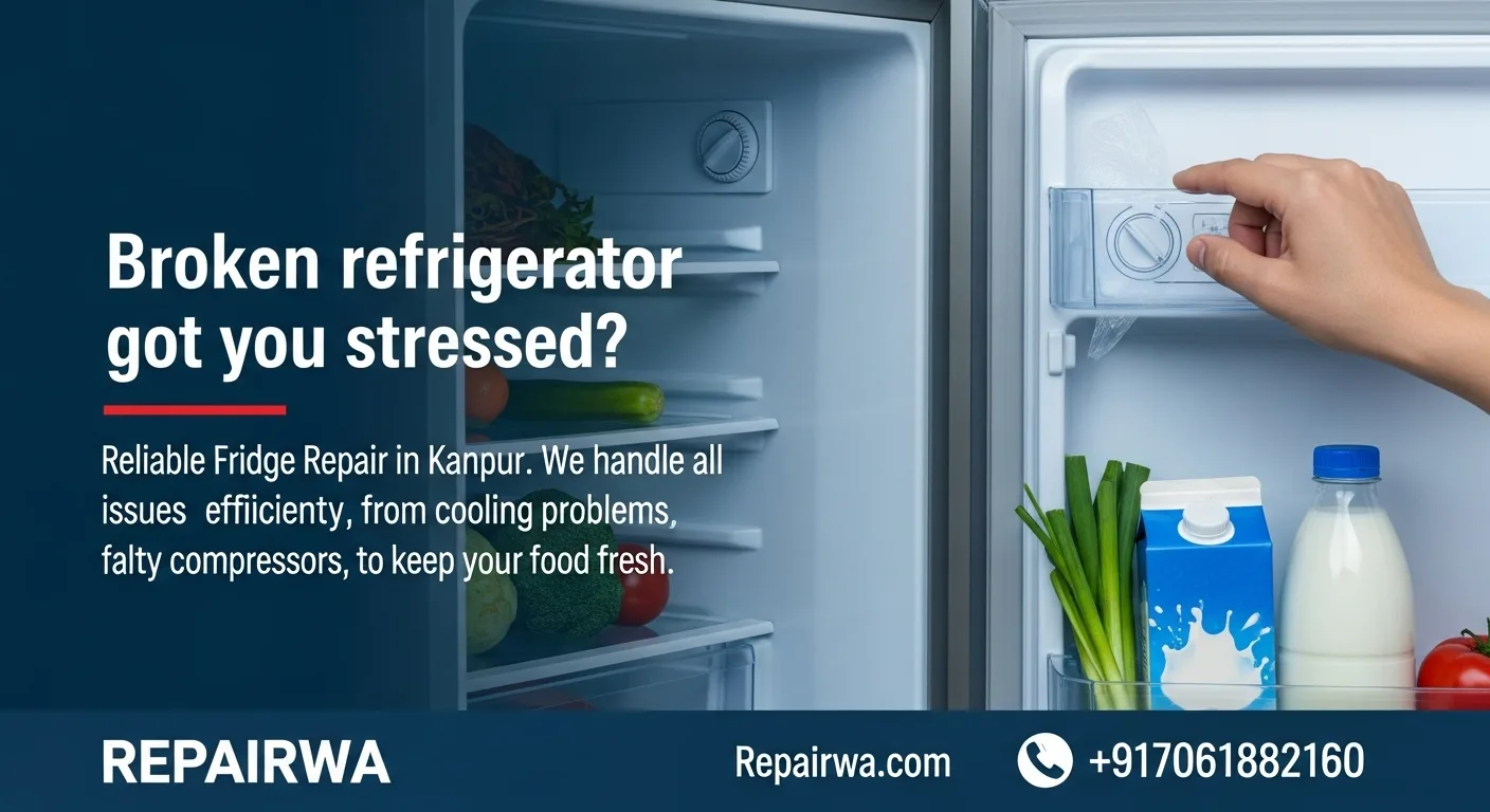 An advertisement for reliable fridge repair in Kanpur by Repairwa. The image shows the inside of a refrigerator with fresh food, and a hand adjusting the temperature dial, with text that reads "Broken refrigerator got you stressed?"