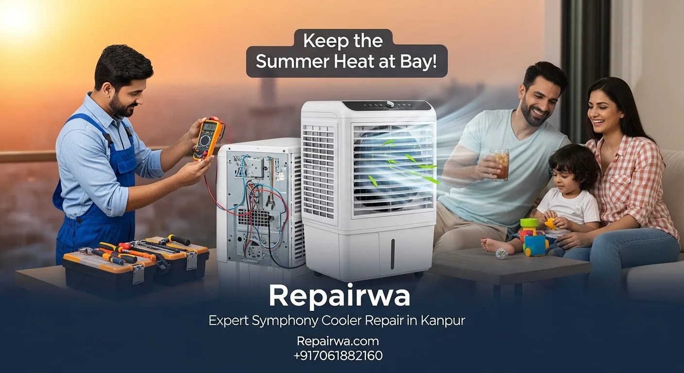 An expert technician from Repairwa is performing a Symphony air cooler repair in Kanpur, with a multimeter and tools. A happy family is shown enjoying the cool air in their living room, demonstrating the benefit of keeping the summer heat at bay with a functioning cooler.