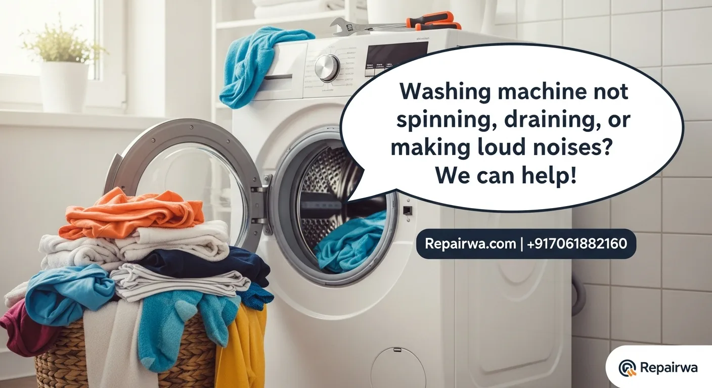 An advertisement for washing machine repair in Kanpur by Repairwa, showing a front-load washing machine with tools on top and a speech bubble that reads "Washing machine not spinning, draining, or making loud noises? We can help!"